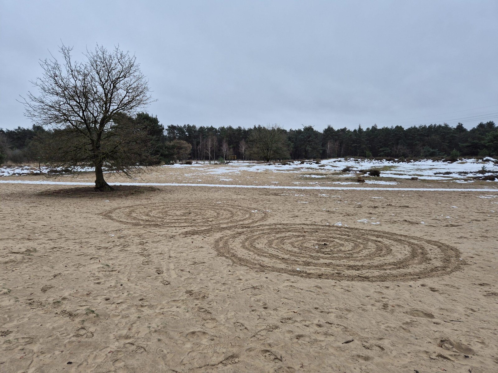 Zandvlakte met daarop 2 spiralen die elkaar raken. Op de achtergrond link staat een boom en in de verte is nog wat zichtbare sneeuw. Een dichte bosrand zorgt voor de afscheiding tussen lucht en zandvlakte